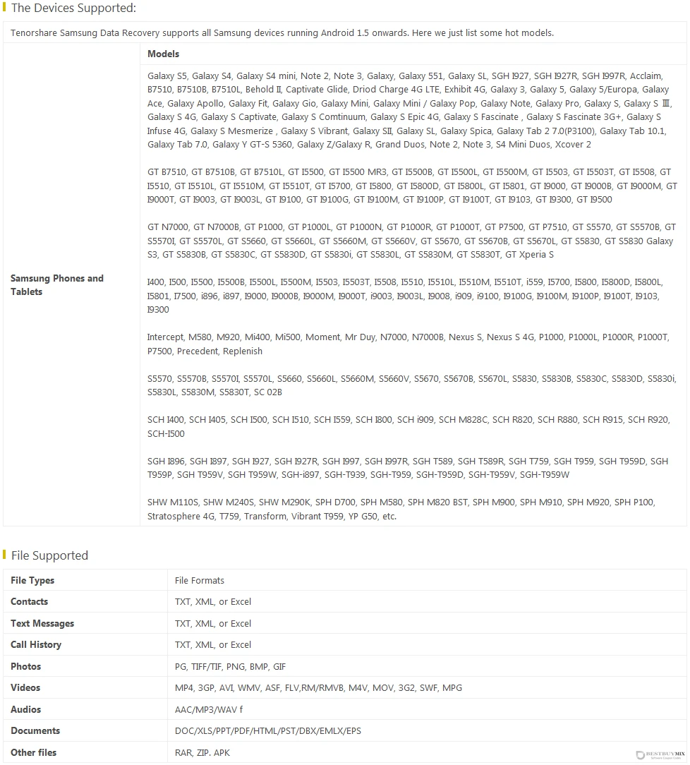 Tenorshare Samsung Data Recovery supported devices